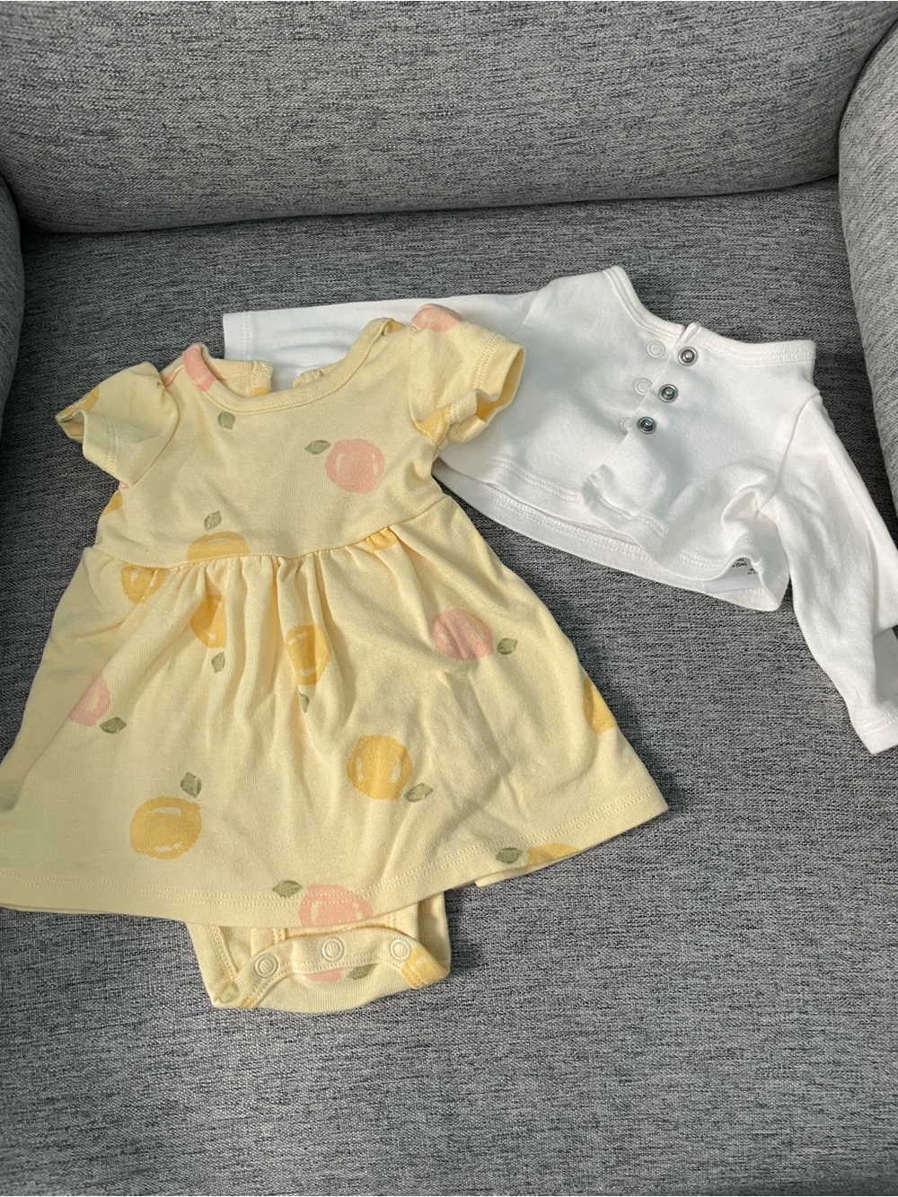 Yellow Fruit Dress with White Cardigan